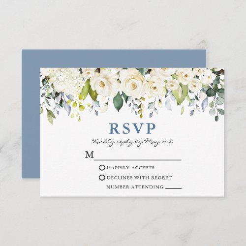 Watercolor White Floral Dusty Blue Wedding RSVP Card