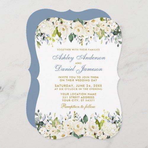 Watercolor White Floral Elegant Dusty Blue Wedding Invitation