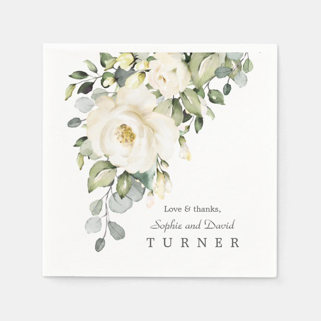Watercolor White Floral Eucalyptus Foliage Wedding Napkins (Front)