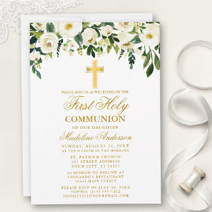 Watercolor White Floral First Communion Gold Invitation
