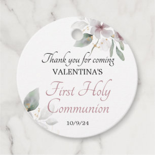 Watercolor White Floral First Holy Communion Round Favor Tags