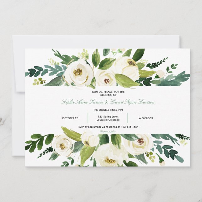 Watercolor White Floral Frame Wedding Invitation (Front)