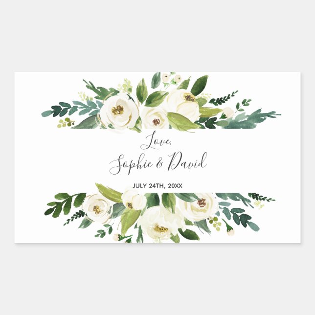 Watercolor White Floral Frame Wedding Rectangular Sticker (Front)