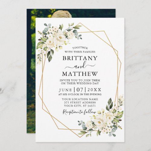 Watercolor White Floral Geo Frame Photo Wedding Invitation