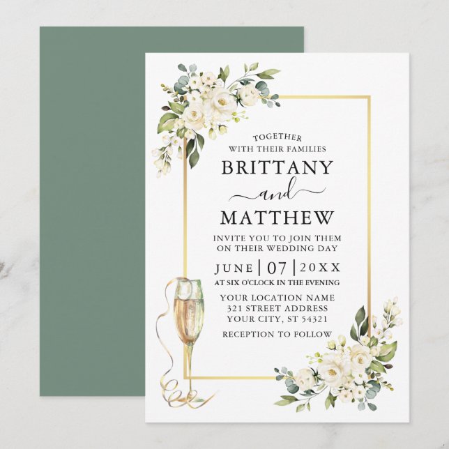 Watercolor White Floral Glass Wedding Sage Green Invitation (Front/Back)