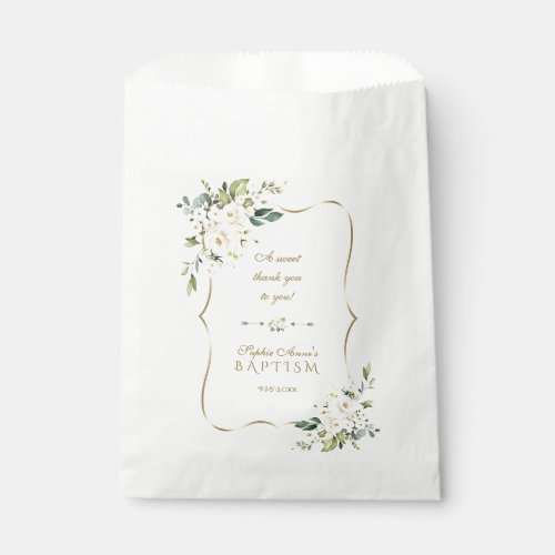 Watercolor White Floral Gold Baptism Thank you Favor Bag