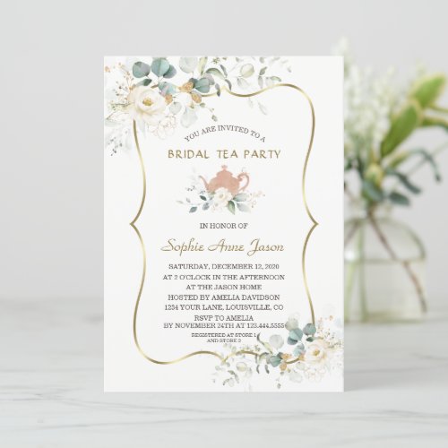 Watercolor White Floral Gold Bridal Tea Party Invitation