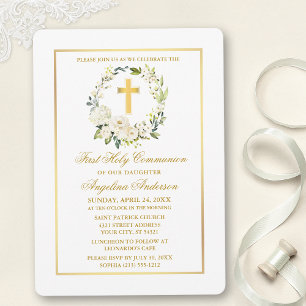 Watercolor White Floral Gold Cross Communion Invitation
