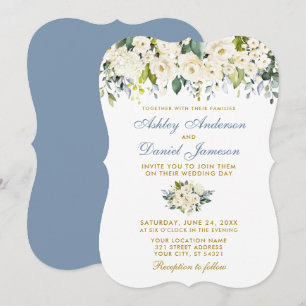 Watercolor White Floral Gold Dusty Blue Wedding Invitation