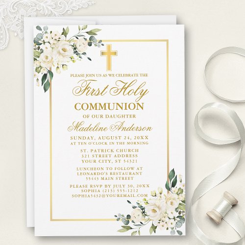 Watercolor White Floral Gold First Communion Invitation