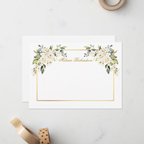 Watercolor White Floral Gold Frame Personalized Note Card