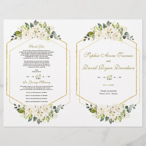 Watercolor White Floral Gold Frame Wedding Program Flyer