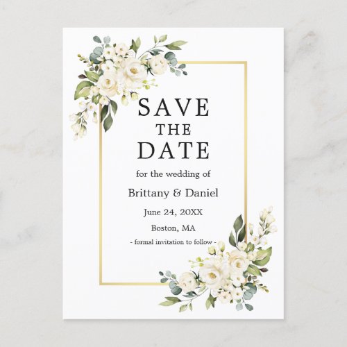 Watercolor White Floral Gold Save the Date Postcard