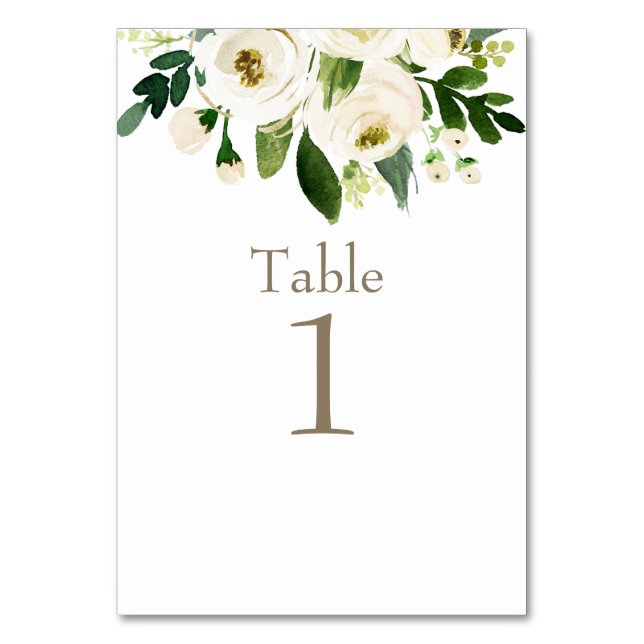Watercolor White Floral Gold Text Wedding  Table Number (Front)