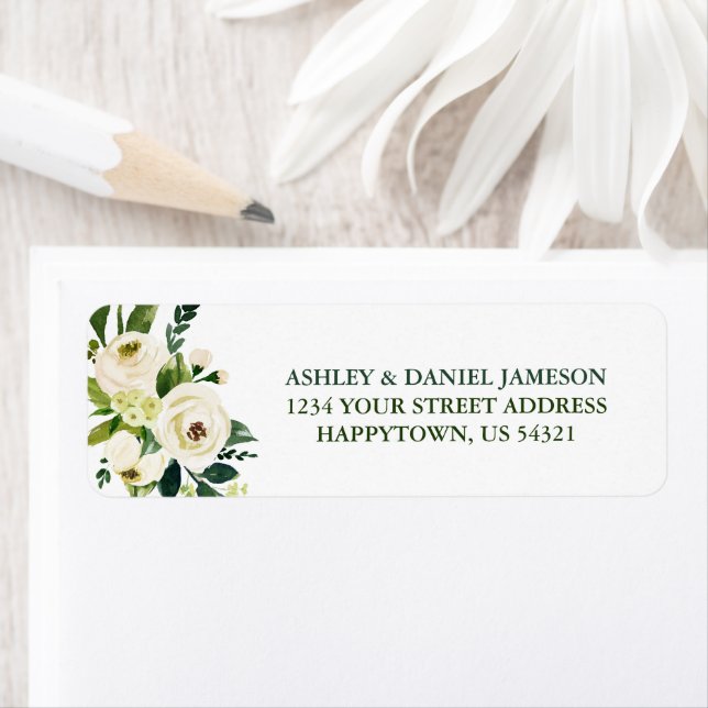 Watercolor White Floral Green Address Label (Insitu)