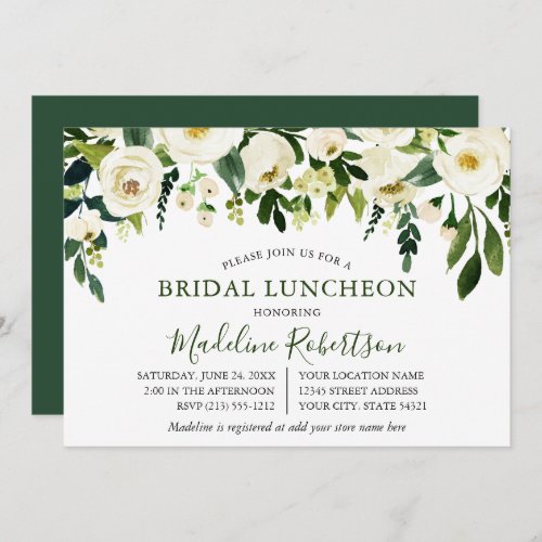 Watercolor White Floral Green Bridal Shower Lunch Invitation
