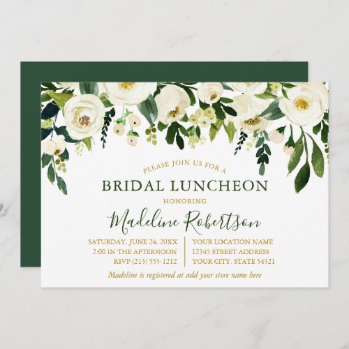 Watercolor White Floral Green Gold Bridal Lunch Invitation