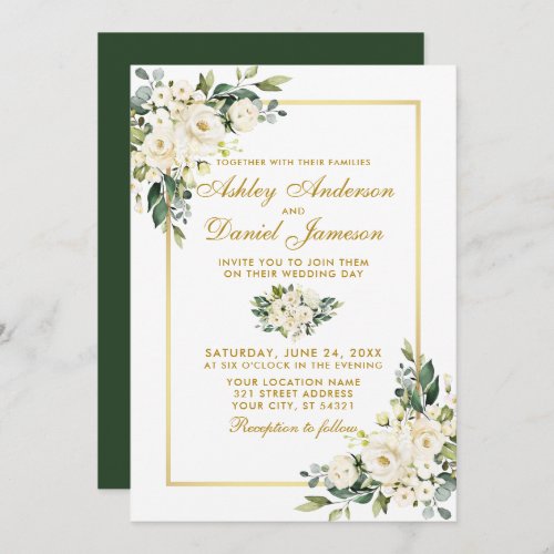 Watercolor White Floral Green Gold Photo Wedding Invitation