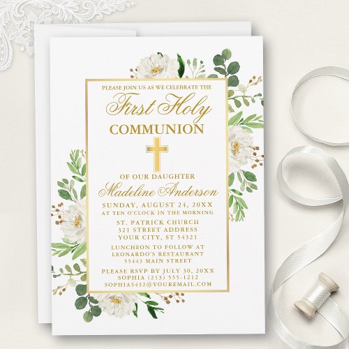 Watercolor White Floral Greenery First Communion Invitation