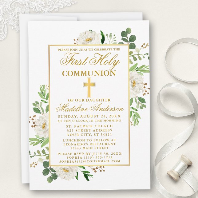 Watercolor White Floral Greenery First Communion Invitation (Customize to change text color, size, style or to add photos or more text to back of card.)