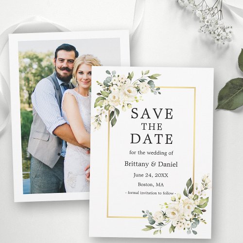 Watercolor White Floral Greenery Gold Photo Save The Date