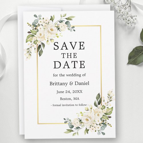 Watercolor White Floral Greenery Gold  Save The Date