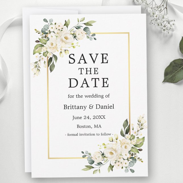 Watercolor White Floral Greenery Gold  Save The Date (Customize to change text size or text style.)