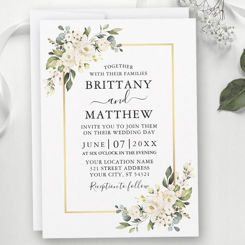 Watercolor White Floral Greenery Gold Wedding Invitation
