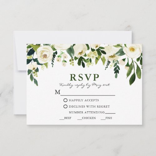 Watercolor White Floral Greenery Meal RSVP Card