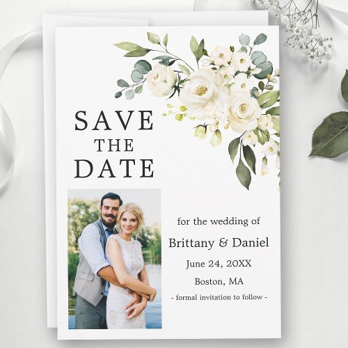 Watercolor White Floral Greenery Photo Save The Date