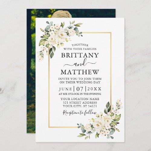 Watercolor White Floral Greenery Photo Wedding Invitation