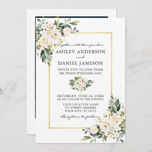 Watercolor White Floral Greenery Photo Wedding Invitation