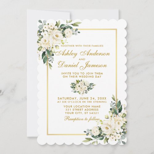 Watercolor White Floral Greenery Wedding Gold Invitation