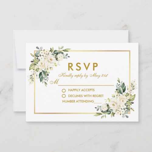 Watercolor White Floral Greenery Wedding Gold RSVP Card
