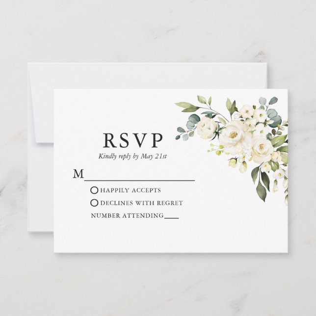 Watercolor White Floral Greenery Wedding RSVP Card (Front)