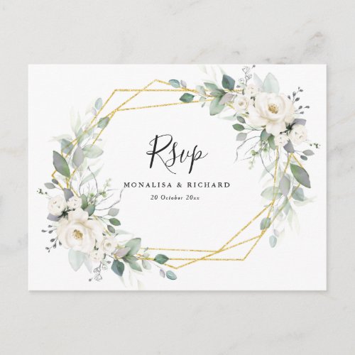 Watercolor white floral greenery wedding RSVP Postcard