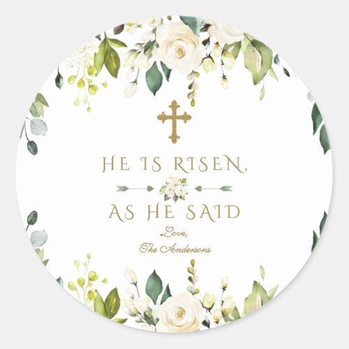 Watercolor White Floral He Is Risen Gold Easter Classic Round Sticker
