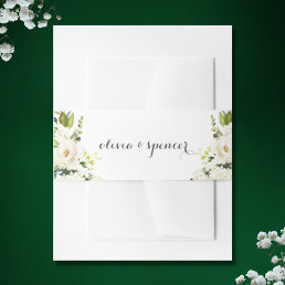 Watercolor White Floral Modern Boho Wedding Invitation Belly Band