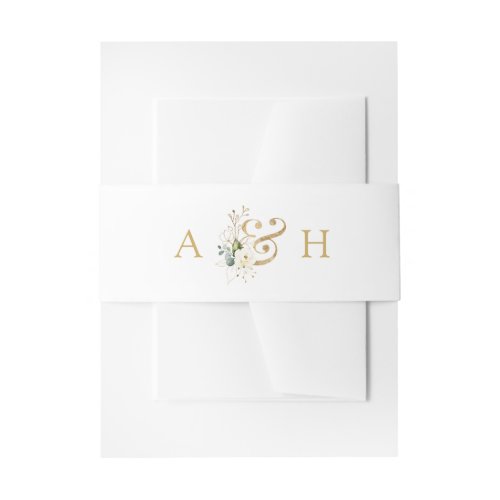 Watercolor White Floral Modern Monogram Wedding Invitation Belly Band