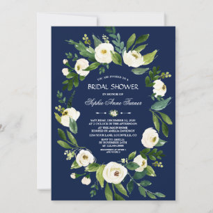 Watercolor White Floral Navy Blue Bridal Shower Invitation
