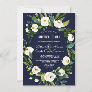 Watercolor White Floral Navy Blue Rehearsal Dinner Invitation