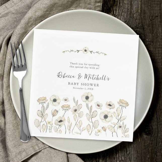 Watercolor White Floral neutral gender baby shower Napkins (Creator Uploaded)