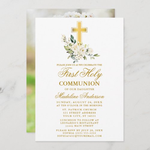 Watercolor White Floral Photo First Communion Invitation