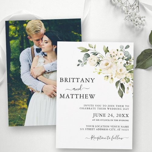 Watercolor White Floral Photo Wedding Invitation