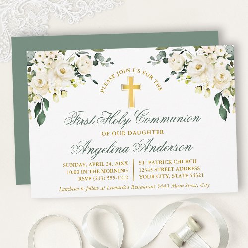 Watercolor White Floral Sage Green Gold Communion