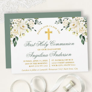 Watercolor White Floral Sage Green Gold Invitation