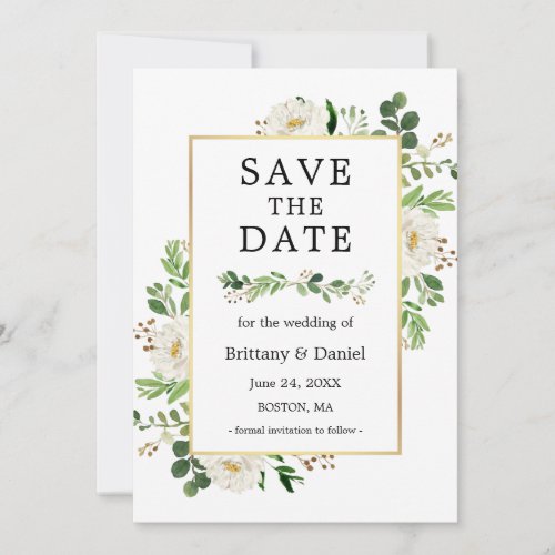 Watercolor White Floral Save The Date Card