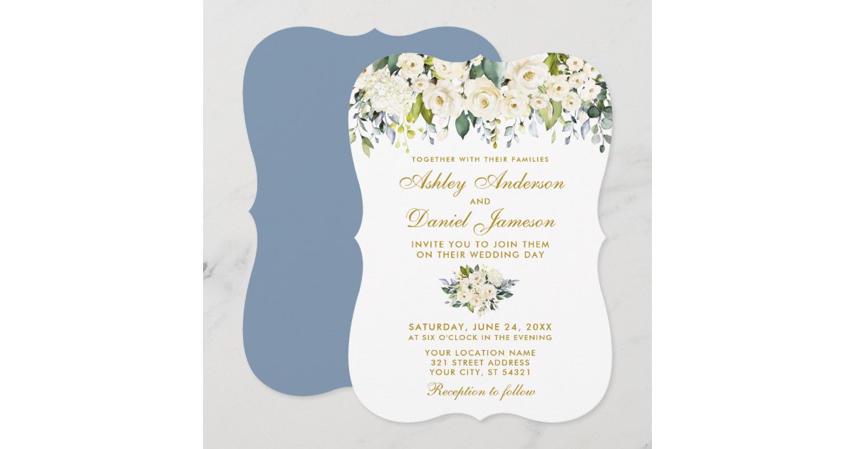 Watercolor White Floral Wedding Dusty Blue Gold Invitation | Zazzle