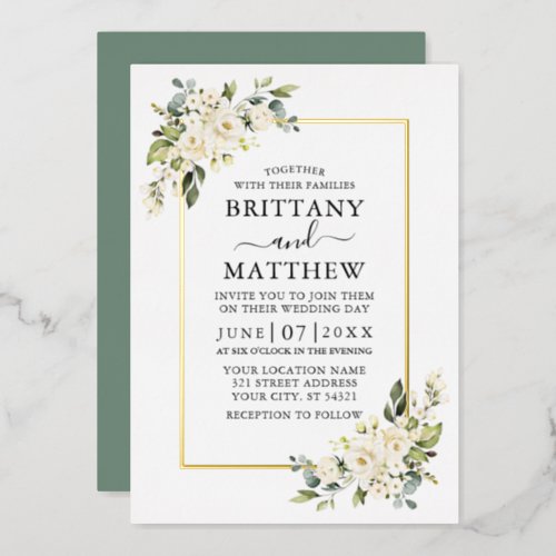 Watercolor White Floral Wedding Sage Green Gold Foil Invitation