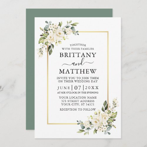 Watercolor White Floral Wedding Sage Green Invitation